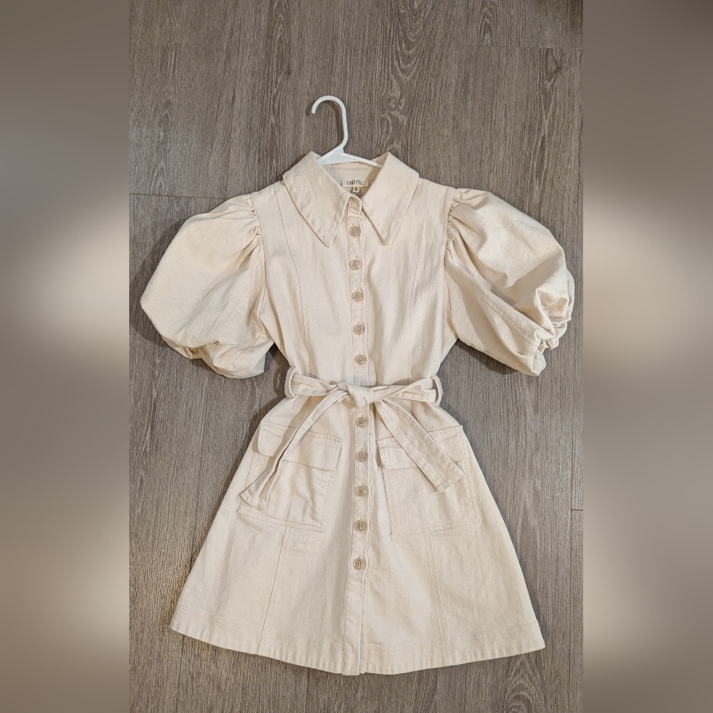 Ghospell Cream Short Sleeve Denim Button Down Mini Dress Size Small VGUC!